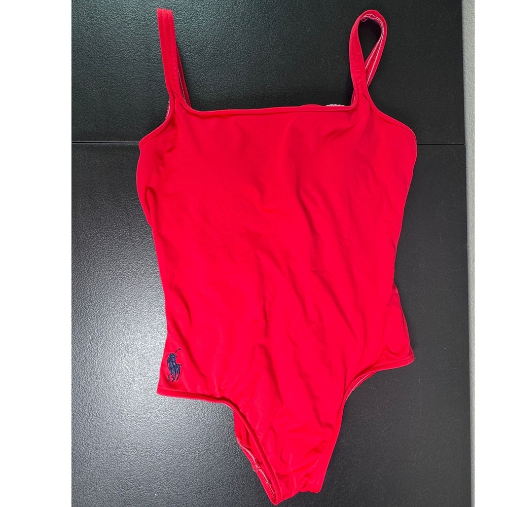 Polo Ralph Lauren Womens Red One Piece Swimsuit Square Neck Pony Logo Swimwear